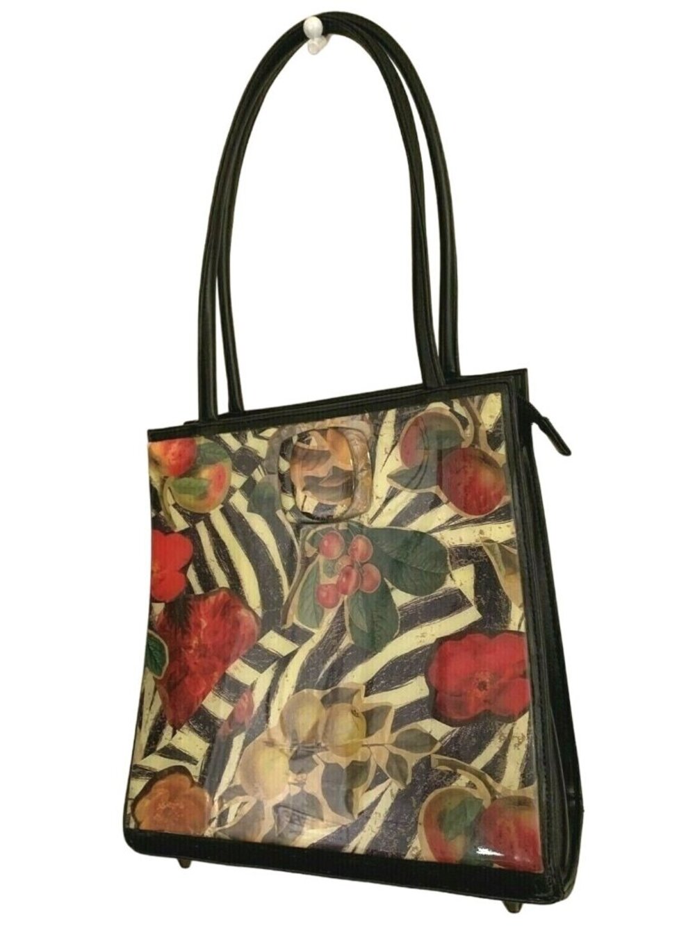 Angela Frascone Black Leather Apples Floral Resin Handbag NOS Vintage